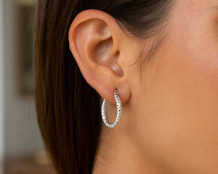 Sterling Silver Faceted Style Hoop Earrings with Rhodium Finishing(3x20mm)