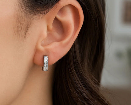 Sterling Silver Petite Hoop Earrings with Cubic Zirconias(3x10mm)