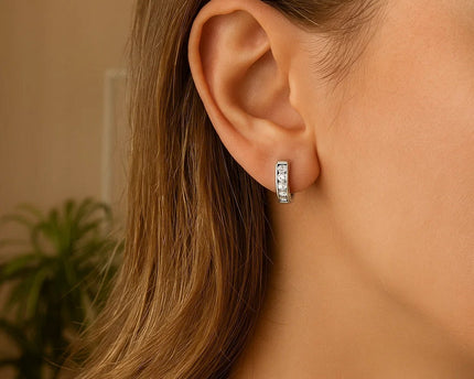 Sterling Silver Petite Hoop Earrings with Cubic Zirconias(3x10mm)