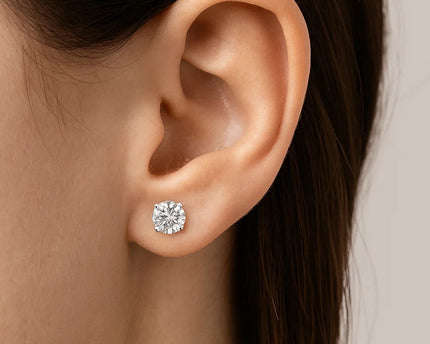 Sterling Silver Stud Earrings with White Hue Faceted Cubic Zirconia(7mm)