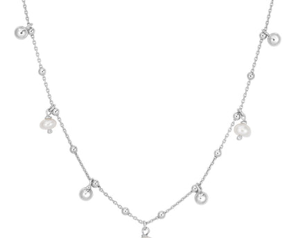 Sterling Silver Rhodium Plated Pearl Station Charm Necklace