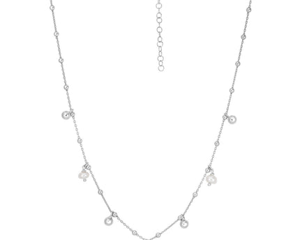 Sterling Silver Rhodium Plated Pearl Station Charm Necklace