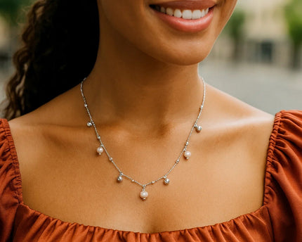 Sterling Silver Rhodium Plated Pearl Station Charm Necklace