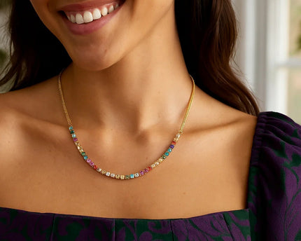Sterling Silver Gold Plated Rainbow CZ Necklace