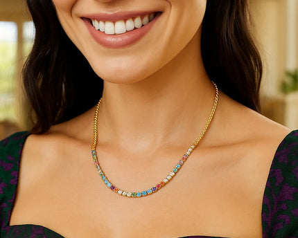 Sterling Silver Gold Plated Rainbow CZ Necklace