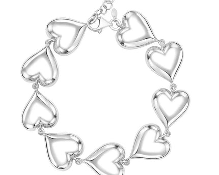 Sterling Silver Rhodium Plated Puffed Hearts Bracelet