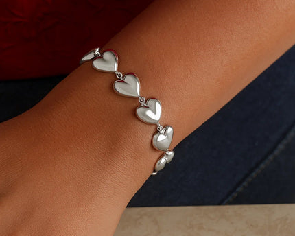 Sterling Silver Rhodium Plated Puffed Hearts Bracelet