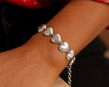 Sterling Silver Rhodium Plated Puffed Hearts Bracelet