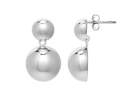 Sterling Silver Rhodium Plated Puffed Round Double Button Drop Earrings