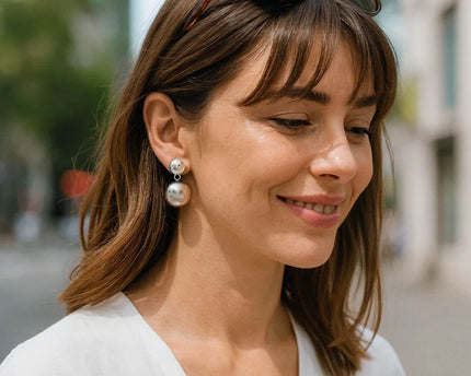 Sterling Silver Rhodium Plated Puffed Round Double Button Drop Earrings