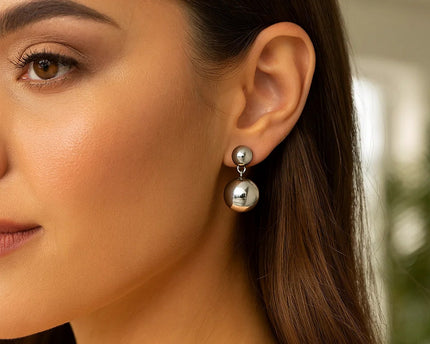 Sterling Silver Rhodium Plated Puffed Round Double Button Drop Earrings
