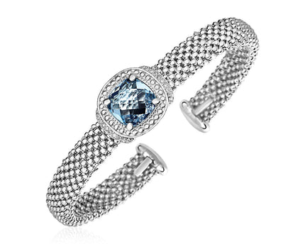 Popcorn Texture Cuff Bangle with Blue Topaz and Diamonds in Sterling Silver