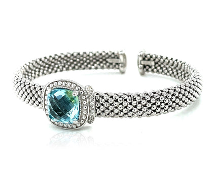 Popcorn Texture Cuff Bangle with Blue Topaz and Diamonds in Sterling Silver