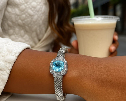Popcorn Texture Cuff Bangle with Blue Topaz and Diamonds in Sterling Silver
