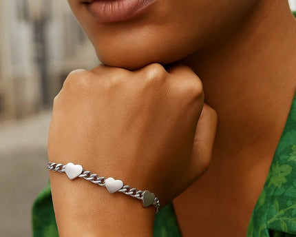Sterling Silver Rhodium Plated Heart Chain Bracelet
