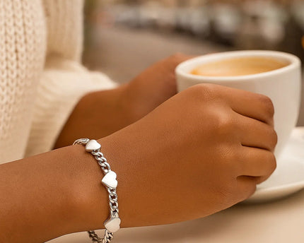 Sterling Silver Rhodium Plated Heart Chain Bracelet