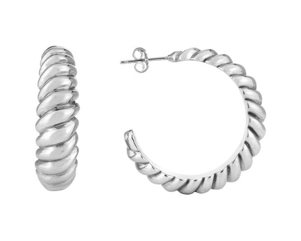 Sterling Silver Rhodium Plated Large Ribbed Twisted Hoop Earrings