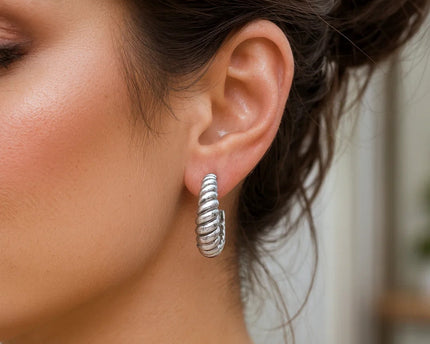 Sterling Silver Rhodium Plated Large Ribbed Twisted Hoop Earrings