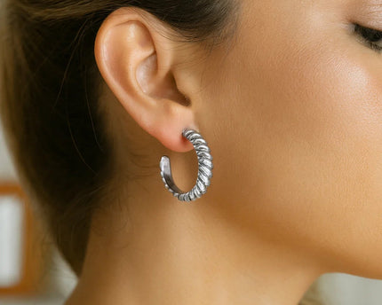 Sterling Silver Rhodium Plated Large Ribbed Twisted Hoop Earrings