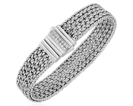 Woven Rope Bracelet with White Sapphire Accented Clasp in Sterling Silver