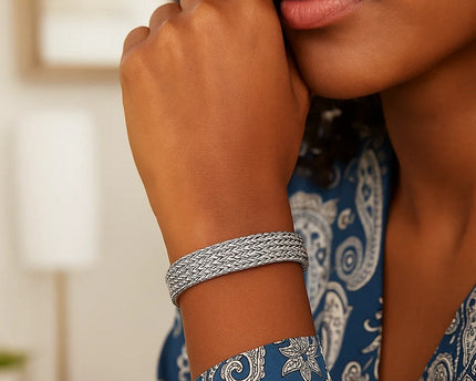 Woven Rope Bracelet with White Sapphire Accented Clasp in Sterling Silver
