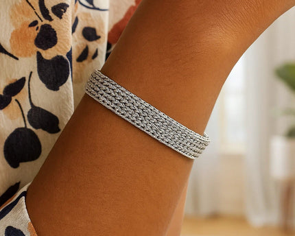 Woven Rope Bracelet with White Sapphire Accented Clasp in Sterling Silver