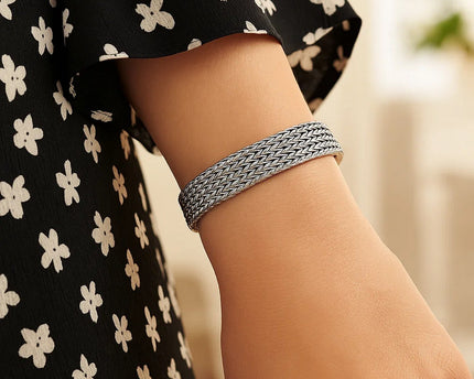Woven Rope Bracelet with White Sapphire Accented Clasp in Sterling Silver
