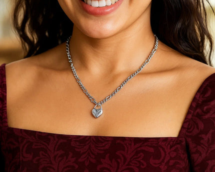 Sterling Silver Rhodium Plated Heart Padlock Figaro Necklace