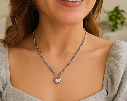 Sterling Silver Rhodium Plated Heart Padlock Figaro Necklace