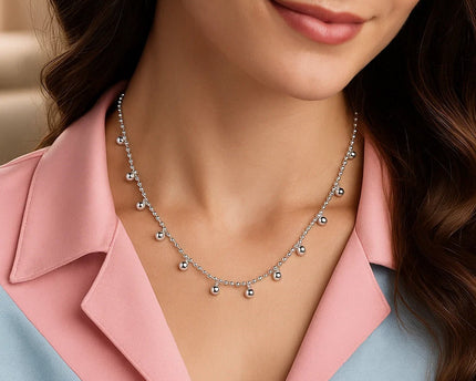 Sterling Silver Rhodium Plated Bead Necklace
