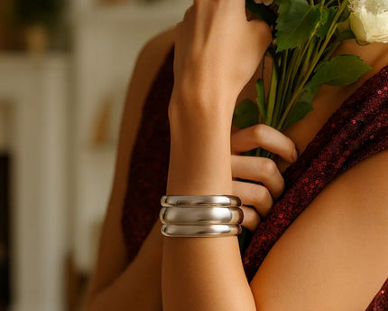 Sterling Silver Rhodium Plated Bold Ribbed Cuff Bangle (25.00 mm)