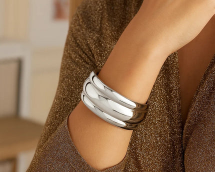 Sterling Silver Rhodium Plated Bold Ribbed Cuff Bangle (25.00 mm)