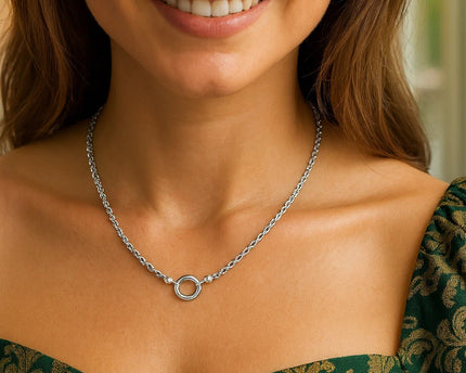 Sterling Silver Rhodium Plated Fancy Push Lock Rope Necklace